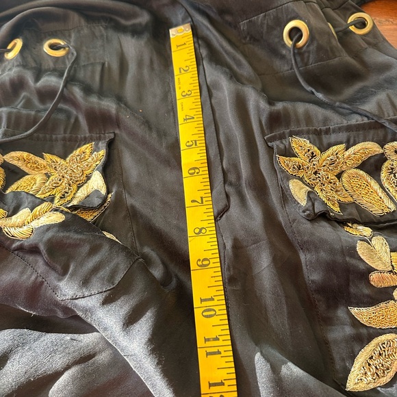 Ginebra Prive black silk w gold metal embroidered accents, cinch waist jumpsuit - Picture 15 of 16